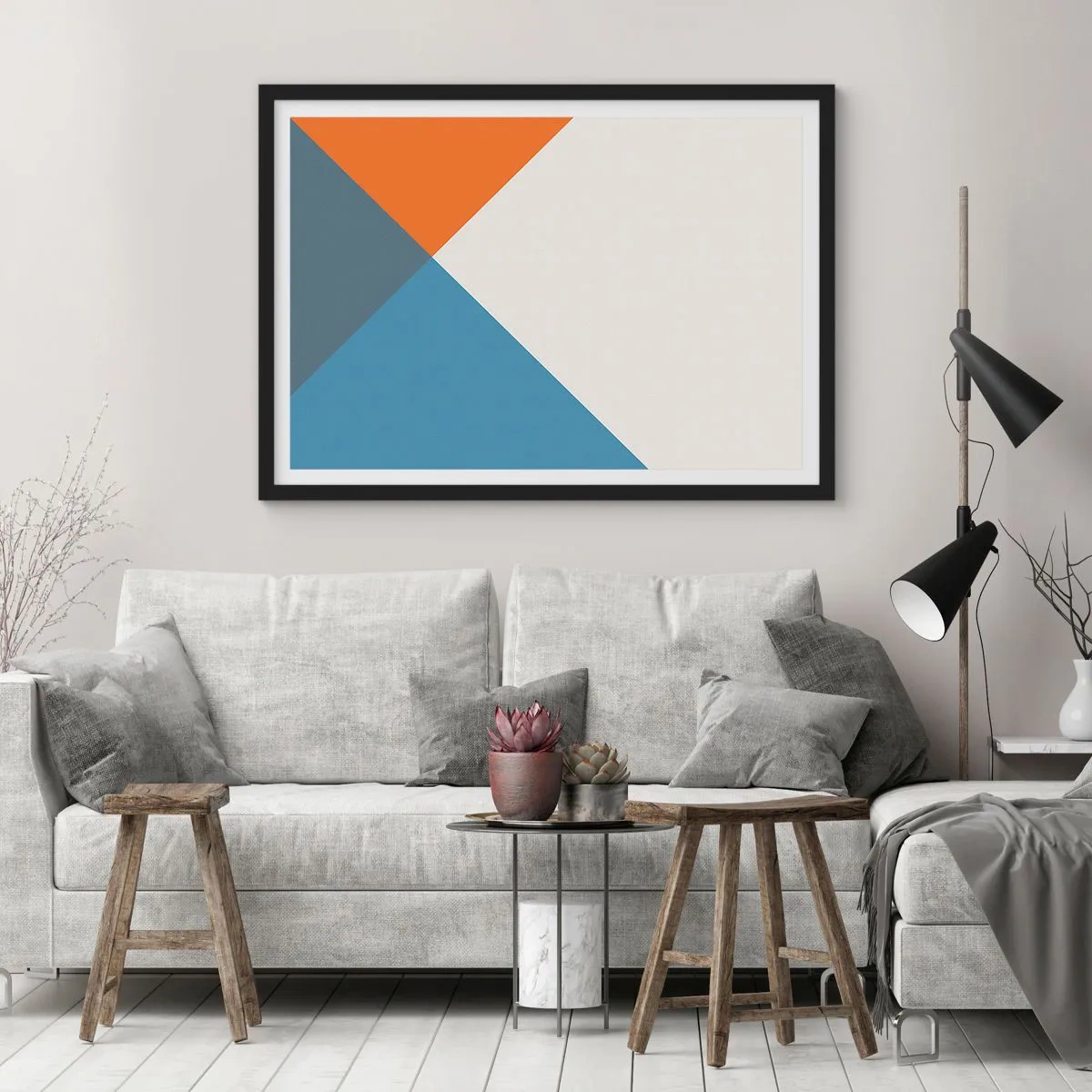 Poster in einem schwarzem Rahmen - Geometrische Dreiecke in Blau- und Orangetönen - 70x50cm - In einem Winkel… - Moderne Wanddekoration für Wohnzimmer und Schlafzimmer ARTTOR