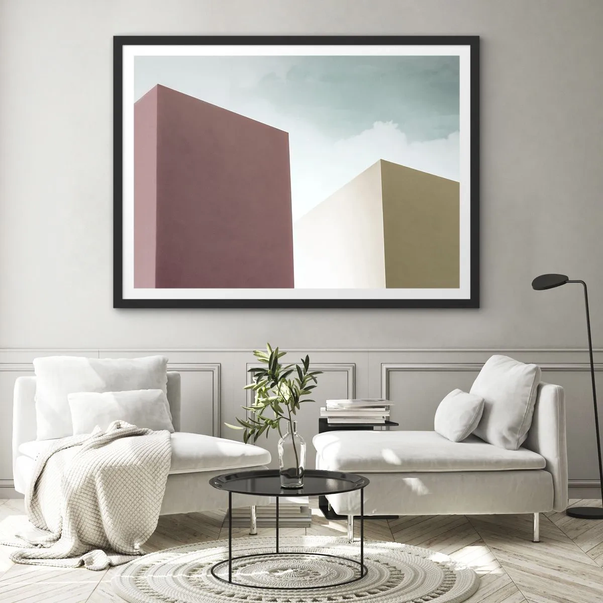 Poster in einem schwarzem Rahmen - Minimalistische Architektur mit pastellfarbenen Blöcken und Himmel - 100x70cm - Geometrie des sonnigen Sommers - Moderne Wanddekoration für Wohnzimmer und Schlafzimmer ARTTOR