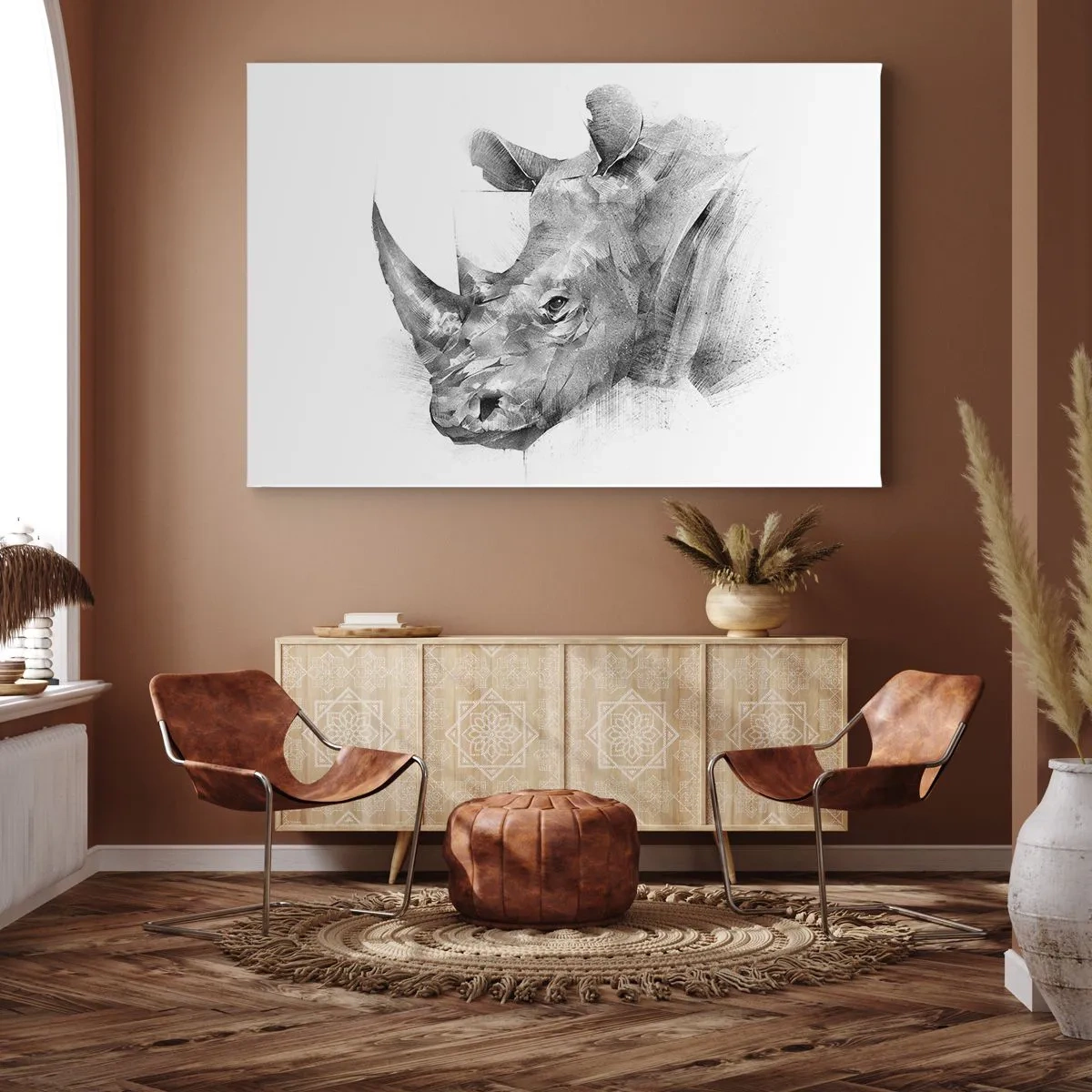Bild auf Leinwand - Leinwandbild - Künstlerisches Porträt eines Nashorns in Schwarzweiß - 70x50cm - Afrikanisches Porträt - Moderne Wanddekoration für Wohnzimmer und Schlafzimmer ARTTOR