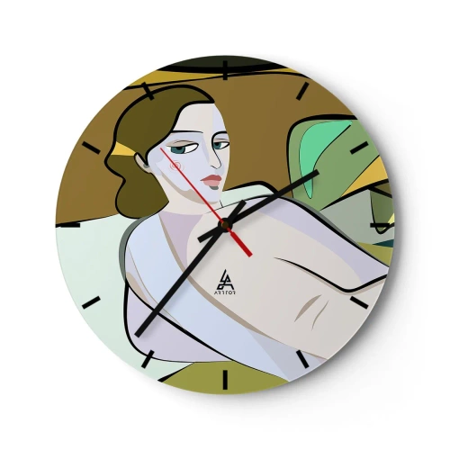 Wanduhr - Glasuhr - Eine weibliche Figur im kubistischen Stil vor abstraktem Hintergrund - 30x30cm - Intimes Porträt - Moderne Wanddekoration für Wohnzimmer, Küche und Schlafzimmer ARTTOR