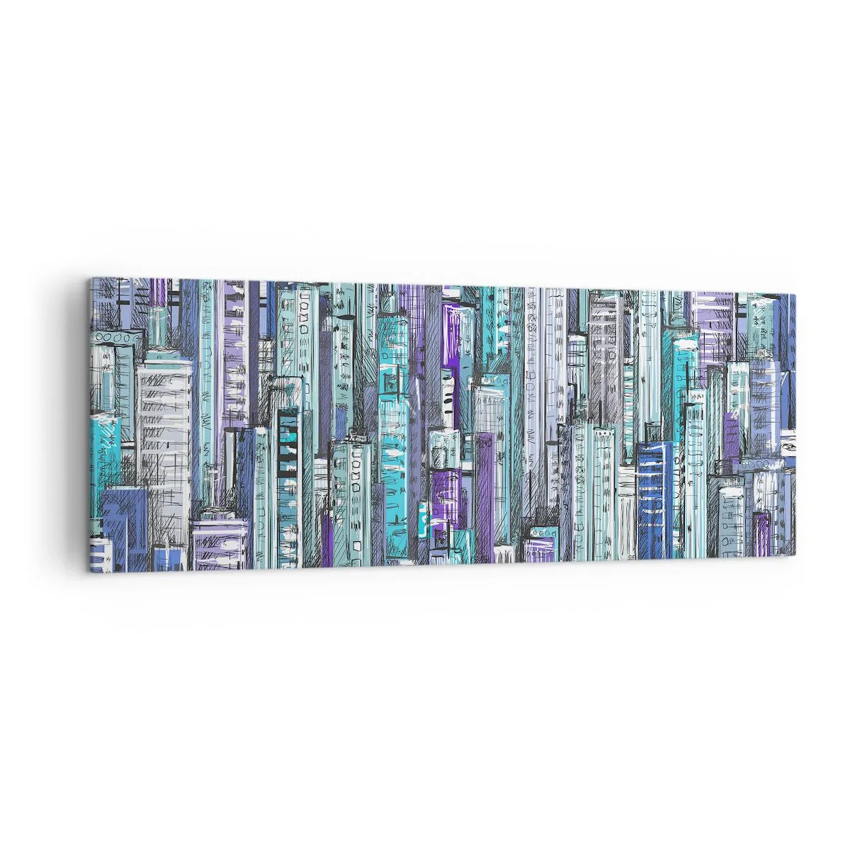 Bild auf Leinwand - Leinwandbild - Illustration einer Stadt mit geometrischen Gebäuden in Blau- und Lilatönen. - 140x50cm - Bläulich von dem Himmel - Moderne Wanddekoration für Wohnzimmer und Schlafzimmer ARTTOR