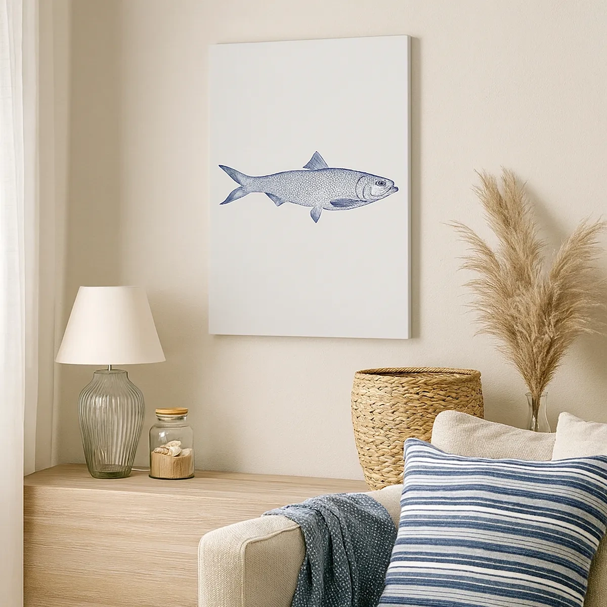 Bild auf Leinwand - Leinwandbild - Illustration eines Fisches in Blautönen auf hellem Hintergrund - 50x70cm - Grüße aus den nördlichen Meeren - Moderne Wanddekoration für Wohnzimmer und Schlafzimmer ARTTOR