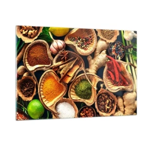 Glasbild - Bild auf glas - Bunte Gewürze in natürlichen Behältern mit Zusätzen - 120x80cm - Nimm was du willst - Moderne Wanddekoration für Wohnzimmer und Schlafzimmer ARTTOR