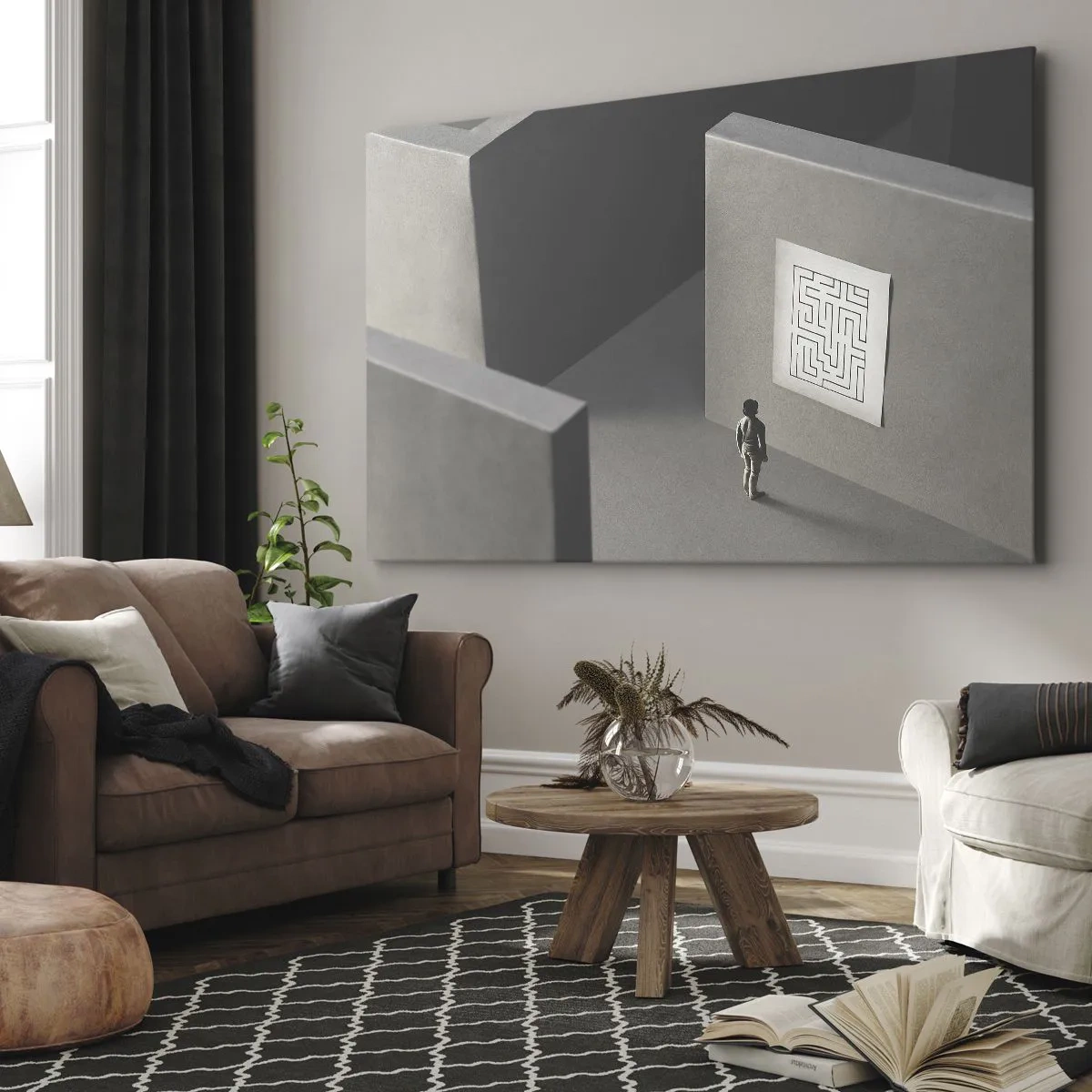 Bild auf Leinwand - Leinwandbild - Eine Figur in einem Labyrinth, die auf eine hängende Karte schaut - 120x80cm - Aber wo bin ich? - Moderne Wanddekoration für Wohnzimmer und Schlafzimmer ARTTOR