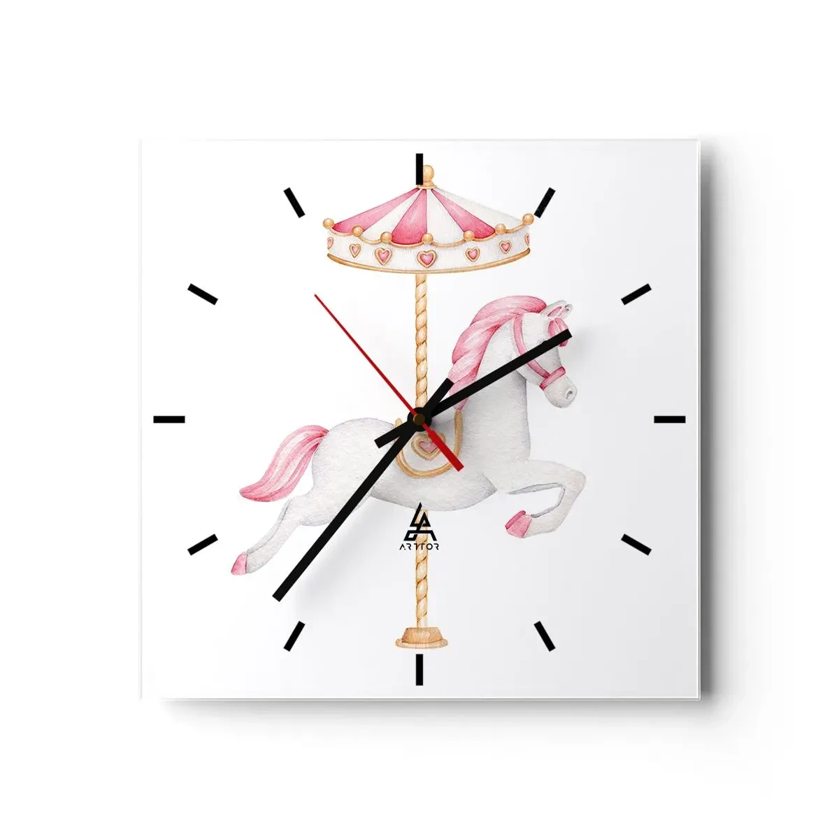 Wanduhr - Glasuhr - Ein Karussellpferd in Pastelltönen von Rosa - 30x30cm - Er legte los - Moderne Wanddekoration für Wohnzimmer und Schlafzimmer ARTTOR
