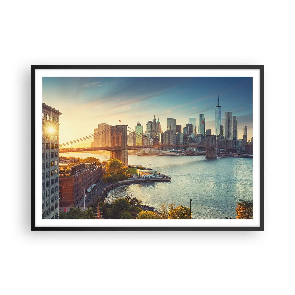 Poster in einem schwarzem Rahmen - Panorama der Stadt mit der Brücke bei Sonnenuntergang - 100x70cm - Morgendämmerung der Großstadt - Moderne Wanddekoration für Wohnzimmer und Schlafzimmer ARTTOR