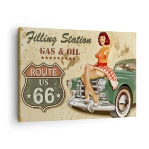 Bild auf Leinwand - Leinwandbild - Retro-Route 66-Poster mit Pin-up-Girl und Auto - 70x50cm - Die großen Jahre der 40er. - Moderne Wanddekoration für Wohnzimmer und Schlafzimmer ARTTOR