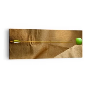 Bild auf Leinwand - Leinwandbild - Grüner Apfel auf Stoff mit einem Pfeil, der eine Komposition ergibt - 140x50cm - Beschwöre den Geist von Wilhelm Tell - Moderne Wanddekoration für Wohnzimmer und Schlafzimmer ARTTOR