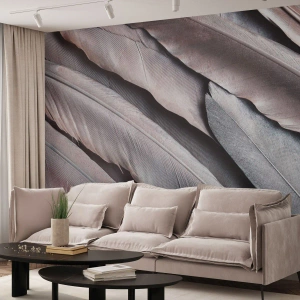 Fototapete Premium Sand - In rosa Silber - Vogelfeder, Grafik, Boho - 350x256 cm