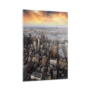 Glasbild - Bild auf glas - Stadtpanorama mit Blick auf Wolkenkratzer bei Sonnenuntergang - 50x70cm - Das schlagende Herz unserer Zeit - Moderne Wanddekoration für Wohnzimmer und Schlafzimmer ARTTOR