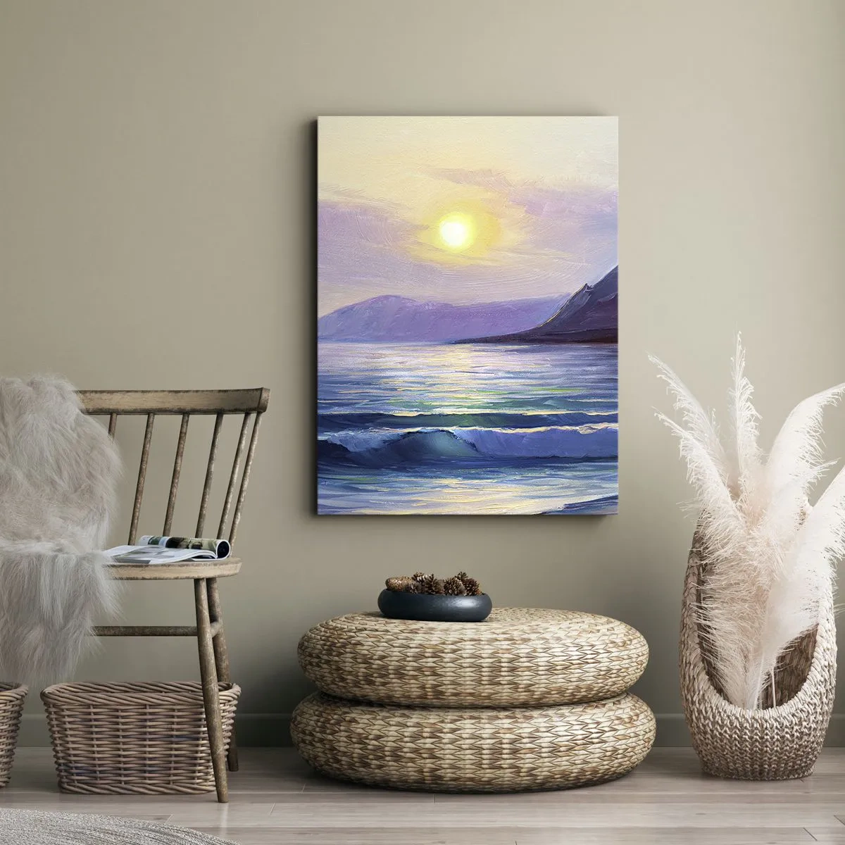 Bild auf Leinwand - Leinwandbild - Eine malerische Meereslandschaft bei Sonnenuntergang mit Wellen und Bergen - 50x70cm - Wasser- und Luftkristall - Moderne Wanddekoration für Wohnzimmer und Schlafzimmer ARTTOR