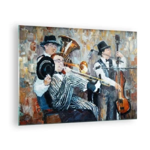Glasbild - Bild auf glas - Eine Jazzband in einer stimmungsvollen impressionistischen Szene - 70x50cm - Der ganze Jazz - Moderne Wanddekoration für Wohnzimmer und Schlafzimmer ARTTOR