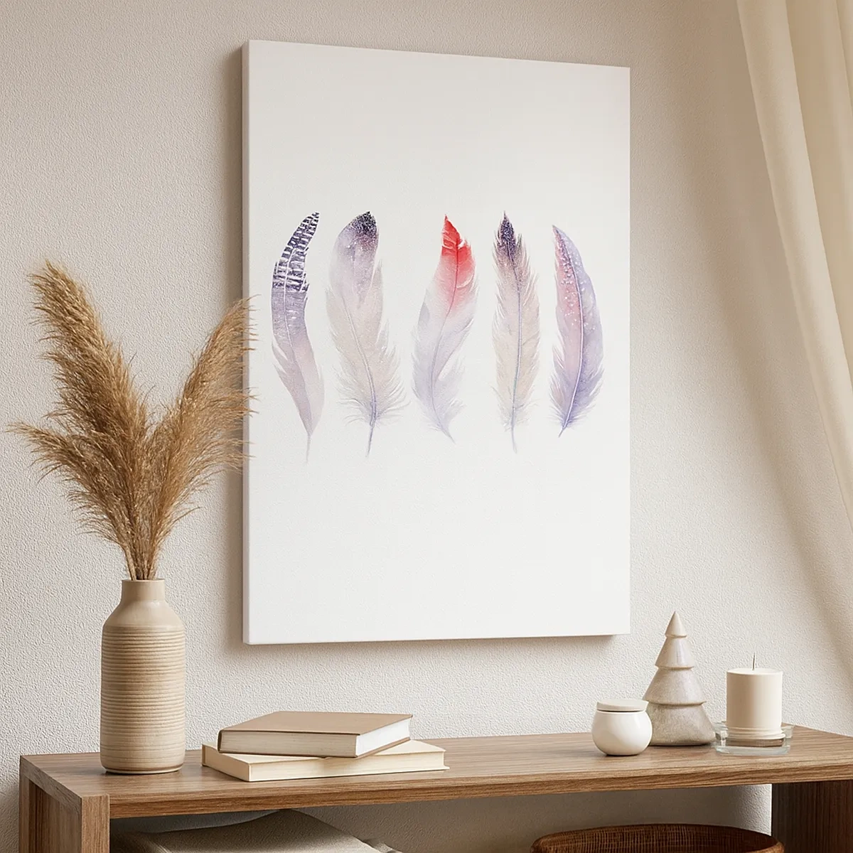 Bild auf Leinwand - Leinwandbild - Fünf zarte Federn in Pastelltönen auf hellem Untergrund - 50x70cm - Zart wie mehrfarbiger Nebel - Moderne Wanddekoration für Wohnzimmer und Schlafzimmer ARTTOR