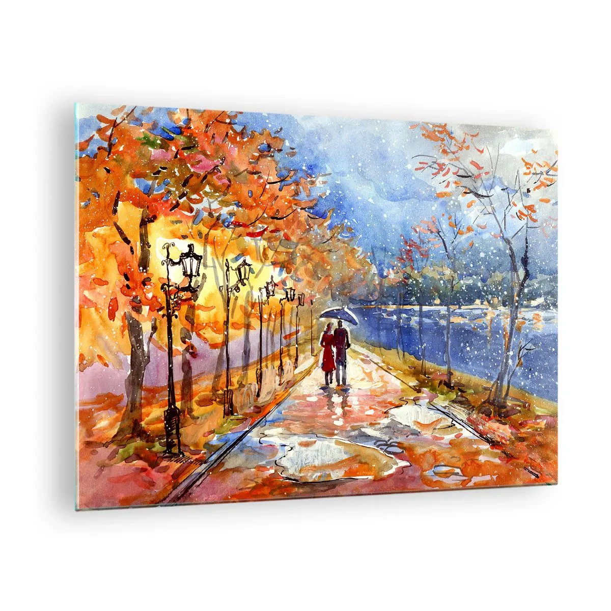 Glasbild - Bild auf glas - Ein Herbstspaziergang entlang der Allee mit bunten Blättern und Laternen - 70x50cm - Gemeinsam bis an die Grenze der Zeit - Moderne Wanddekoration für Wohnzimmer und Schlafzimmer ARTTOR