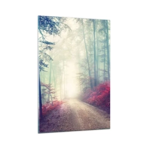 Glasbild - Bild auf glas - Ein magischer Waldweg, umgeben von Bäumen und Nebel - 80x120cm - Wie gut ist es, im Morgengrauen aufzustehen - Moderne Wanddekoration für Wohnzimmer und Schlafzimmer ARTTOR