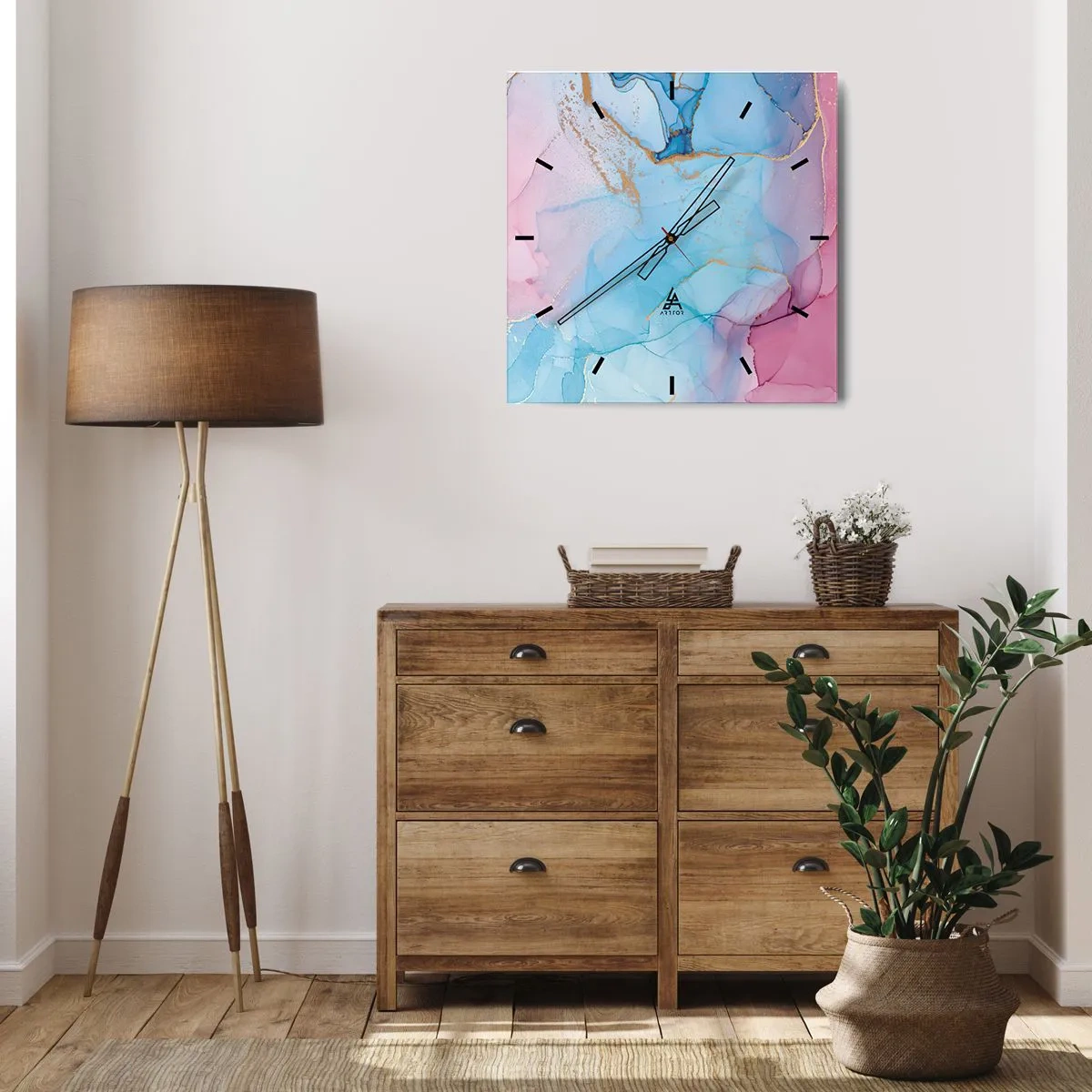 Wanduhr - Glasuhr - Abstrakte Pastellmuster mit goldenen Akzenten - 30x30cm - Begegnung und Durchdringung - Moderne Wanddekoration für Wohnzimmer und Schlafzimmer ARTTOR
