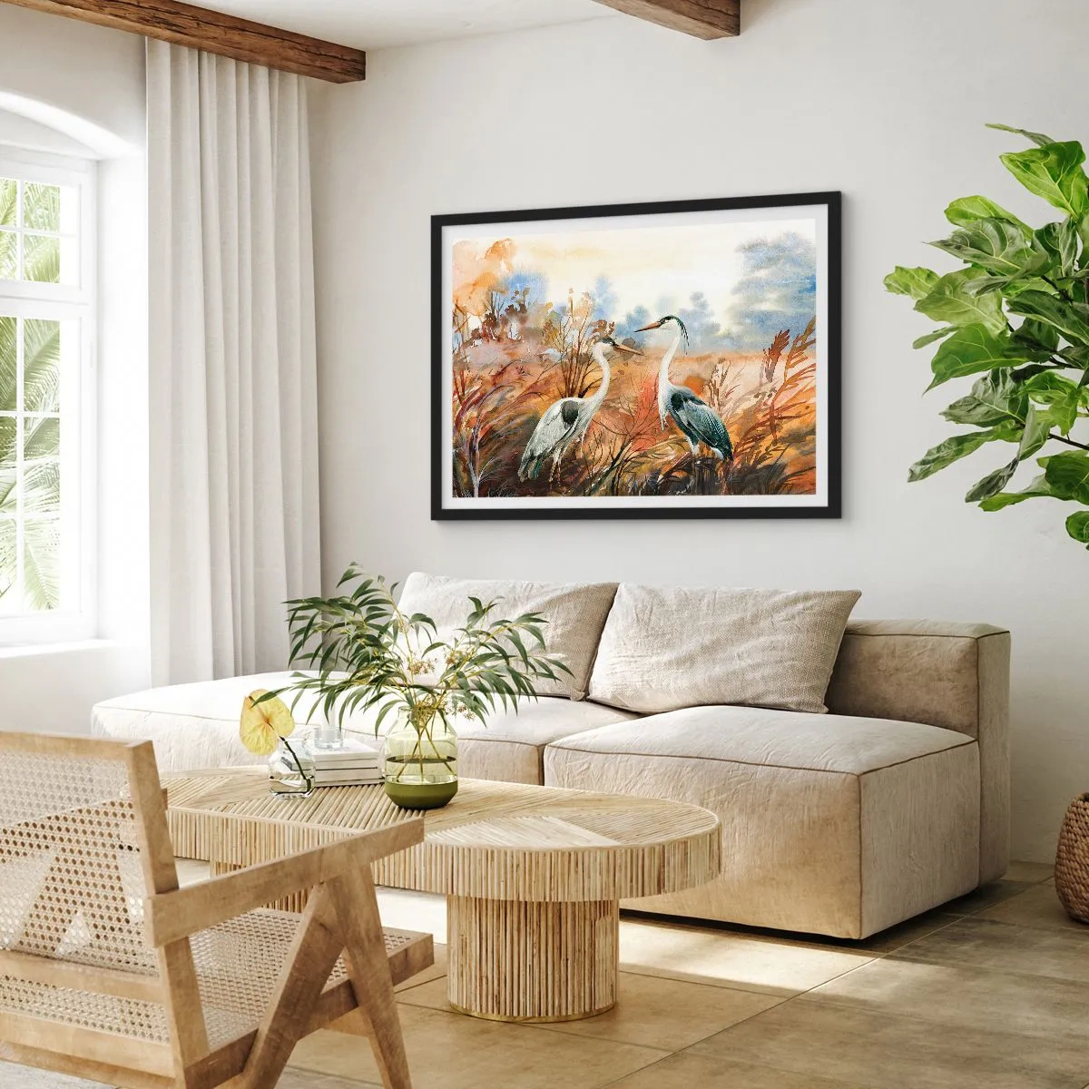 Poster in einem schwarzem Rahmen - Zwei Reiher vor dem Hintergrund einer herbstlichen Landschaft - 70x50cm - Wohin im Herbst? - Moderne Wanddekoration für Wohnzimmer und Schlafzimmer ARTTOR