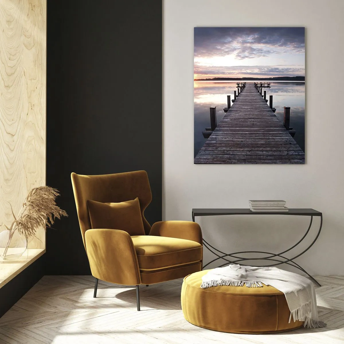 Glasbild - Bild auf glas - Ein Pier an einem See bei Sonnenuntergang in einer friedlichen Landschaft - 70x100cm - Eine stille Grenze zwischen Tag und Nacht - Moderne Wanddekoration für Wohnzimmer und Schlafzimmer ARTTOR