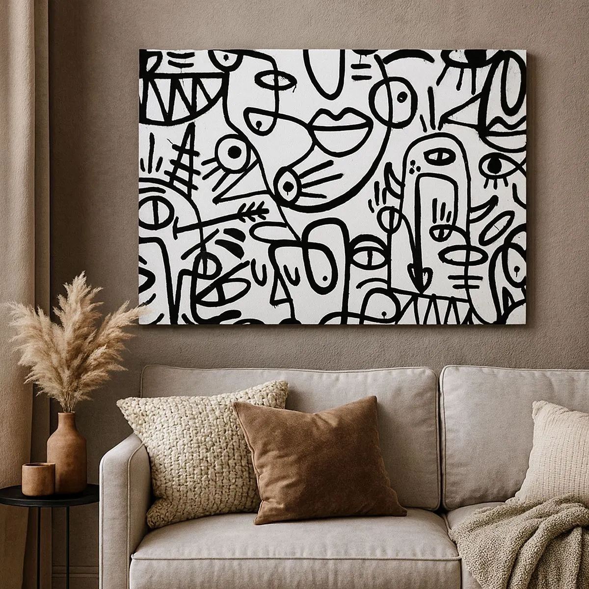 Bild auf Leinwand - Leinwandbild - Schwarz-weiße abstrakte Zeichnungen mit Gesichtsmotiven - 70x50cm - Gesichter und Luftspiegelungen - Moderne Wanddekoration für Wohnzimmer und Schlafzimmer ARTTOR