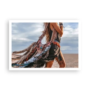 Poster - Eine Frau im Boho-Stil mit Feder- und Schmuckdetails - 100x70cm - Das Mädchen des Schamanen - Moderne Wanddekoration für Wohnzimmer und Schlafzimmer ARTTOR