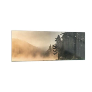 Glasbild - Bild auf glas - Ein nebliger Wald über einem ruhigen See - 140x50cm - Die Geburt des Tages - Moderne Wanddekoration für Wohnzimmer und Schlafzimmer ARTTOR