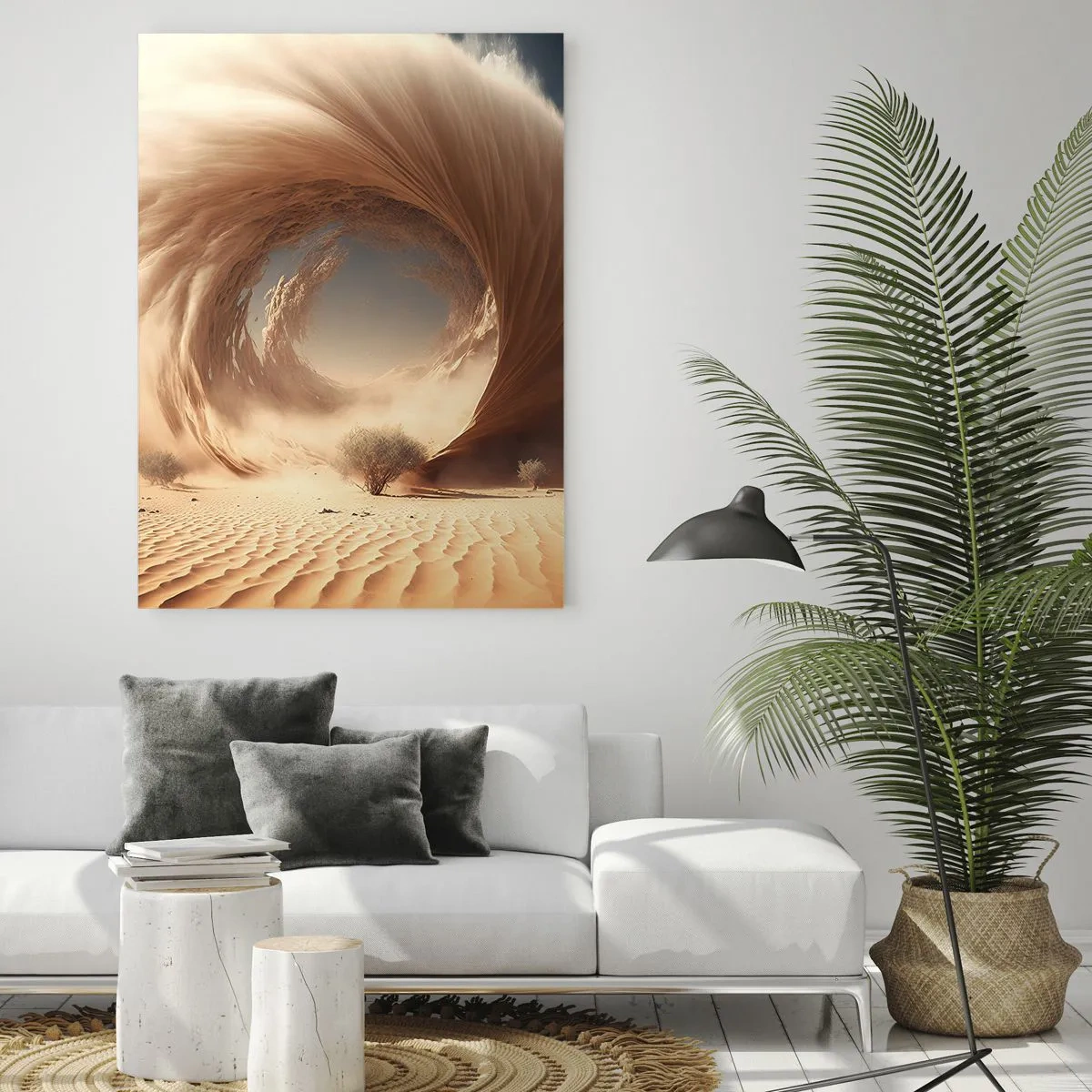 Glasbild - Bild auf glas - Ein Wüstensandwirbel erzeugt ein Portal vom Himmel und den Dünen. - 50x70cm - Geöffnetes Portal - Moderne Wanddekoration für Wohnzimmer und Schlafzimmer ARTTOR