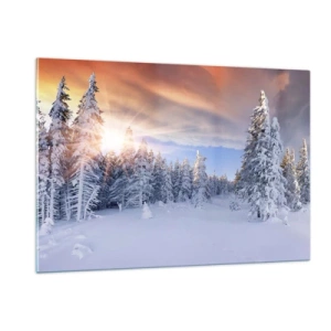 Glasbild - Bild auf glas - Winterlandschaft mit schneebedeckten Bäumen bei Sonnenuntergang - 120x80cm - Ein verschneites Naturschauspiel - Moderne Wanddekoration für Wohnzimmer und Schlafzimmer ARTTOR