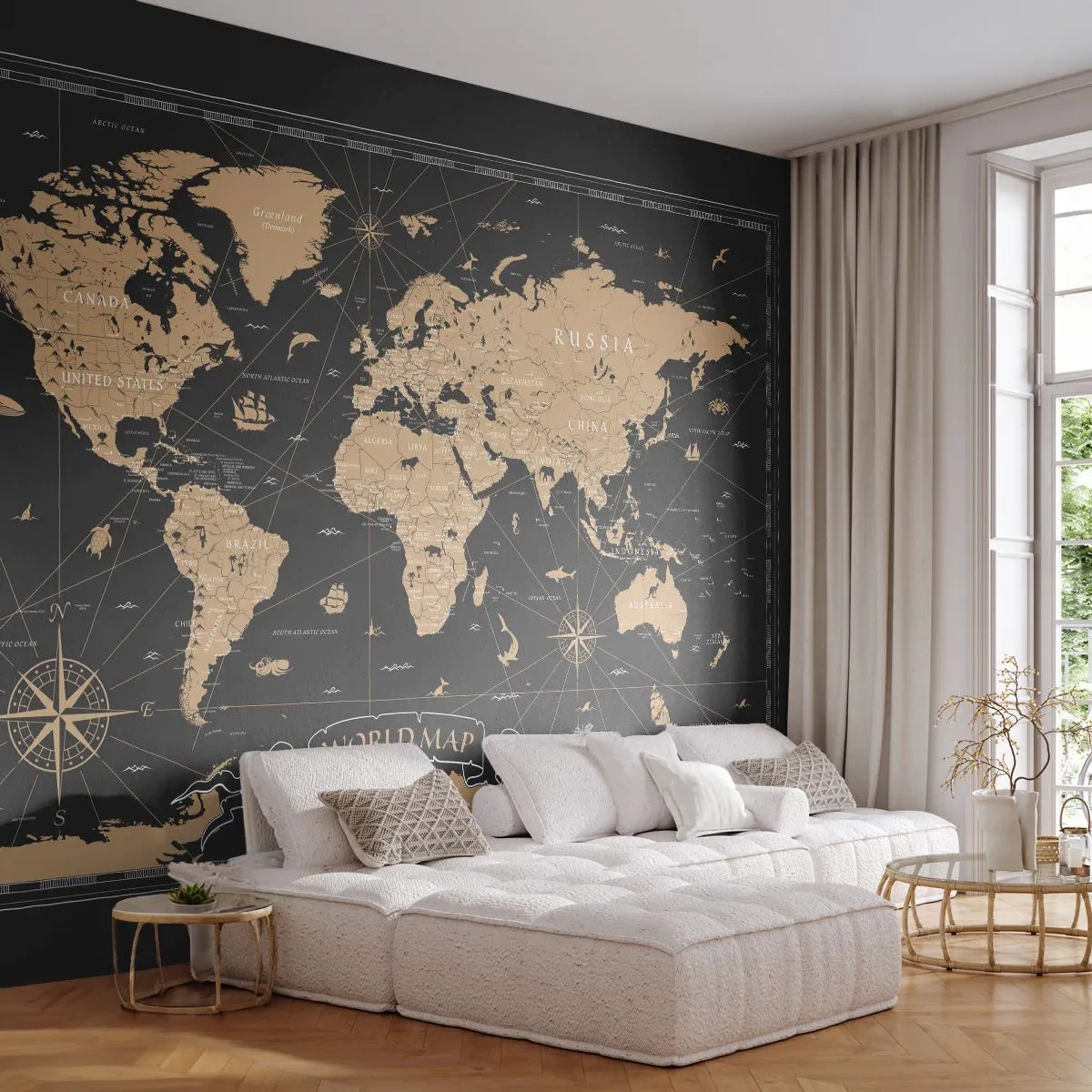Fototapete Premium Sand - Dekorative Weltkarte im beige-schwarzen Vintage-Stil - 100x70cm - Die Grenzen meiner Welt - Moderne Wanddekoration für Wohnzimmer und Schlafzimmer ARTTOR