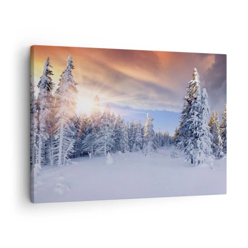 Bild auf Leinwand - Leinwandbild - Winterlandschaft mit schneebedecktem Wald bei Sonnenuntergang - 70x50cm - Ein verschneites Naturschauspiel - Moderne Wanddekoration für Wohnzimmer und Schlafzimmer ARTTOR