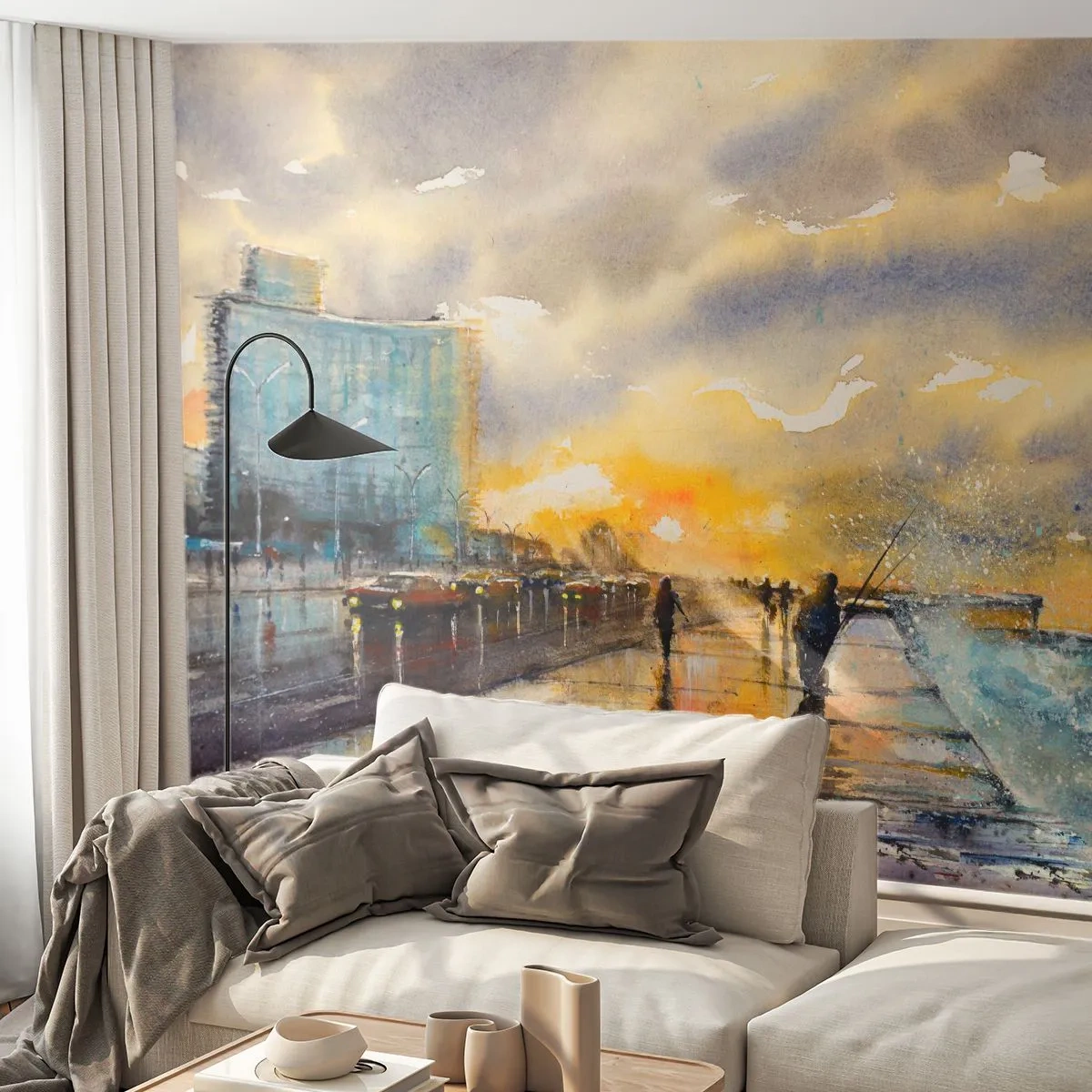 Fototapete Premium Canvas - Ein malerischer Blick auf die Strandpromenade bei Sonnenuntergang - 100x70cm - Leben am Ufer - Moderne Wanddekoration für Wohnzimmer und Schlafzimmer ARTTOR