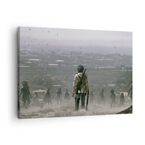 Bild auf Leinwand - Leinwandbild - Eine Gestalt mit einer Waffe steht vor einer Gruppe in einer dystopischen Landschaft. - 70x50cm - Letzter Gerechter? - Moderne Wanddekoration für Wohnzimmer und Schlafzimmer ARTTOR