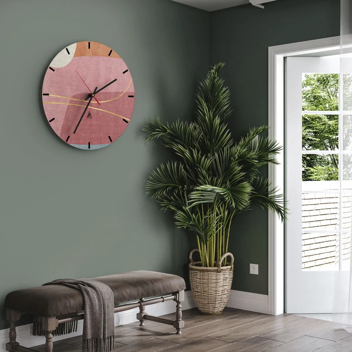 Wanduhr - Glasuhr - Pastellfarbene Formen mit rosa und goldenen Linien auf dem Hintergrund - 30x30cm - Pastellkomposition mit Goldfaden - Moderne Wanddekoration für Wohnzimmer, Küche und Schlafzimmer ARTTOR