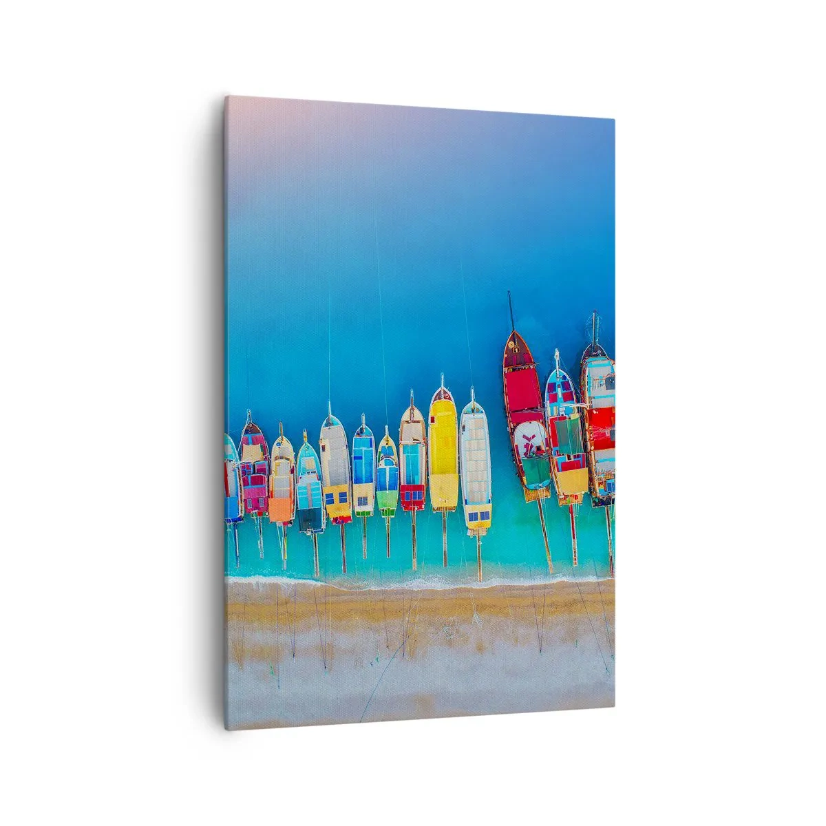 Bild auf Leinwand - Leinwandbild - Bunte Boote in einer Reihe am Ufer aufgereiht - 70x100cm - Aus der Vogelperspektive - Moderne Wanddekoration für Wohnzimmer und Schlafzimmer ARTTOR