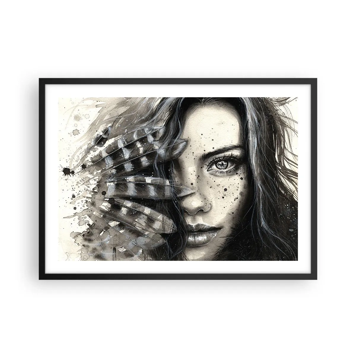 Poster in einem schwarzem Rahmen - Künstlerisches Frauenporträt mit abstrakten Details - 70x50cm - Wilde Schönheit - Moderne Wanddekoration für Wohnzimmer und Schlafzimmer ARTTOR
