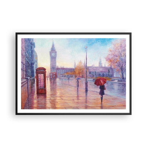 Poster in einem schwarzem Rahmen - Londoner Straße mit Big Ben an einem regnerischen Tag - 100x70cm - Londoner Herbsttag - Moderne Wanddekoration für Wohnzimmer und Schlafzimmer ARTTOR