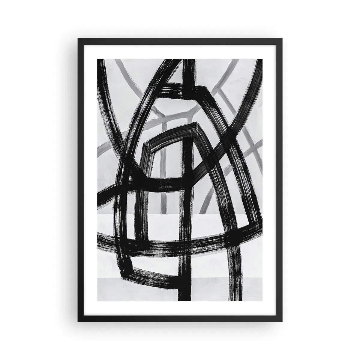 Poster in einem schwarzem Rahmen - Geometrische schwarze Linien auf hellem Hintergrund in einer abstrakten Komposition - 50x70cm - Bautiefe - Moderne Wanddekoration für Wohnzimmer und Schlafzimmer ARTTOR