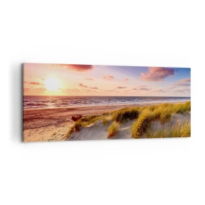 Bild auf Leinwand - Leinwandbild - Ein grasbewachsener Strand und ein Sonnenuntergang über einem ruhigen Meer - 120x50cm - Die Luft riecht schon im Sommer - Moderne Wanddekoration für Wohnzimmer und Schlafzimmer ARTTOR