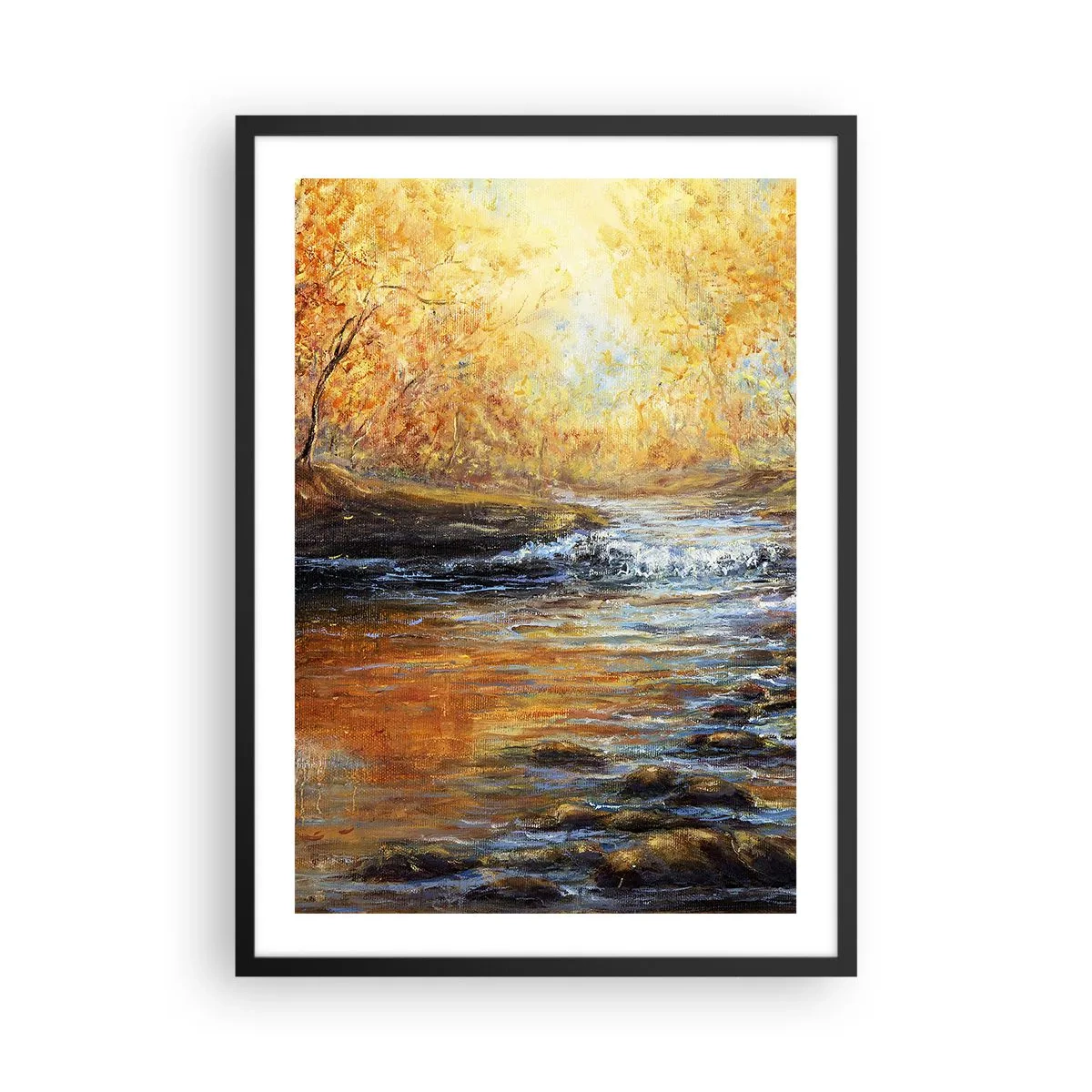 Poster in einem schwarzem Rahmen - Ein herbstlicher Bach, umgeben von goldenen Bäumen - 50x70cm - Der goldene Strom - Moderne Wanddekoration für Wohnzimmer und Schlafzimmer ARTTOR