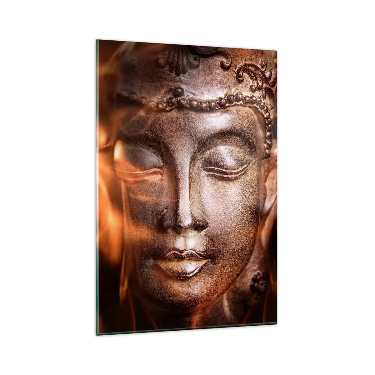 Glasbild - Bild auf glas - Eine Buddha-Statue inmitten von Flammen in goldenen Farbtönen - 80x120cm - Es existiert nur hier und jetzt - Moderne Wanddekoration für Wohnzimmer und Schlafzimmer ARTTOR