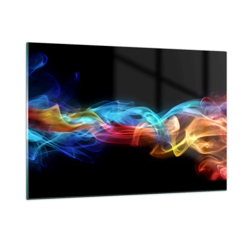 Glasbild - Bild auf glas - Bunte Rauchstreifen auf schwarzem Hintergrund erzeugen ein abstraktes Muster - 120x80cm - Regenbogentanz der Nebel - Moderne Wanddekoration für Wohnzimmer und Schlafzimmer ARTTOR