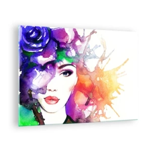 Glasbild - Bild auf glas - Eine Frau mit unscharfem, buntem Hintergrund im Aquarellstil - 70x50cm - Mit dem Kopf in den Wolken - Moderne Wanddekoration für Wohnzimmer und Schlafzimmer ARTTOR