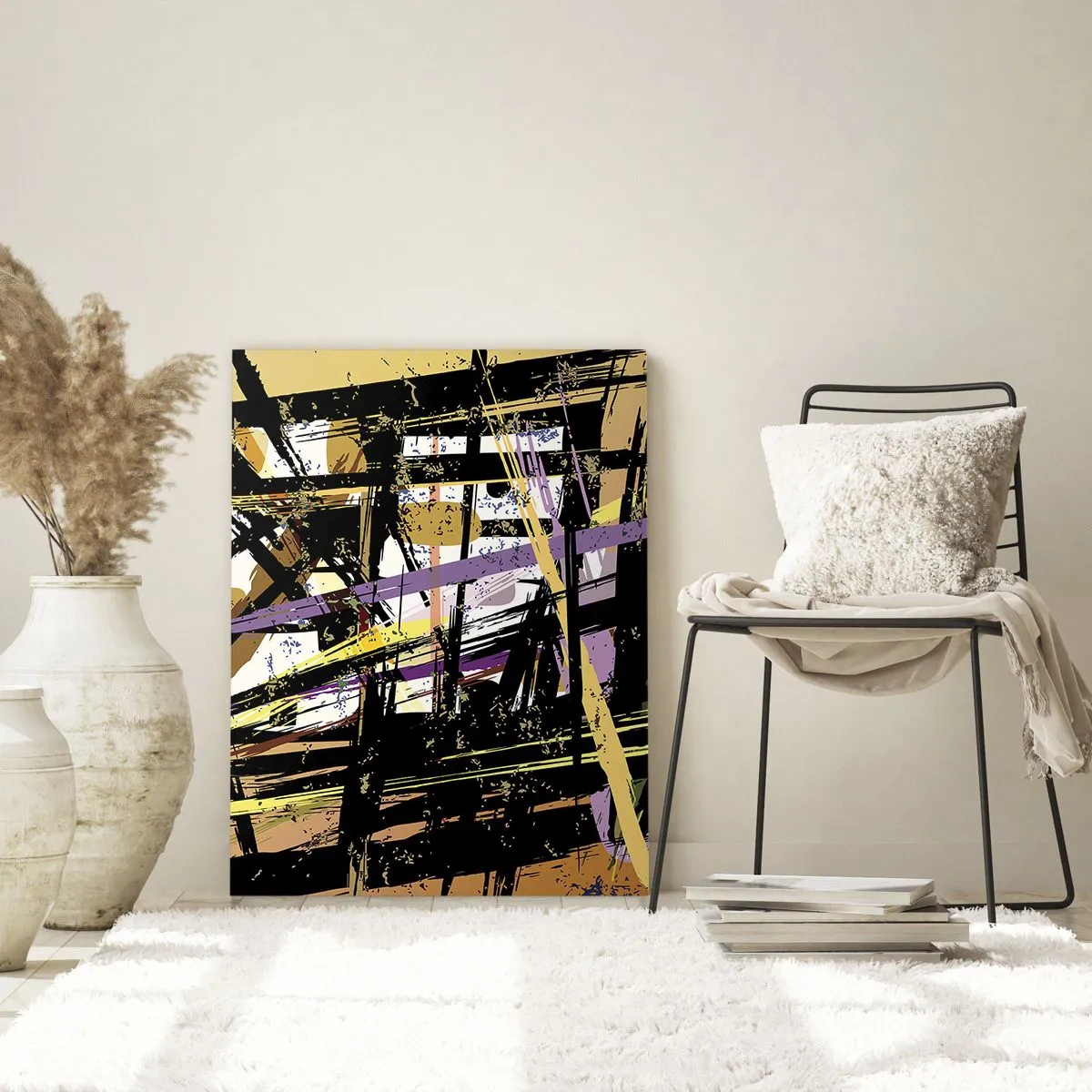 Glasbild - Bild auf glas - Abstrakte Linien und Formen auf beigem Hintergrund - 70x100cm - Ein scharfer Schnitt - Moderne Wanddekoration für Wohnzimmer und Schlafzimmer ARTTOR