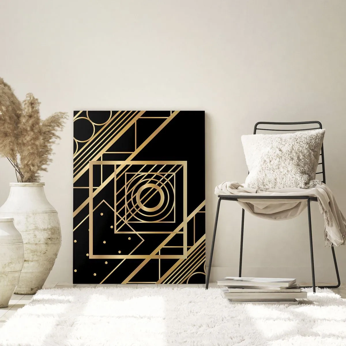 Glasbild - Bild auf glas - Goldene geometrische Muster auf schwarzem Hintergrund - 50x70cm - Goldene Geometrie - Moderne Wanddekoration für Wohnzimmer und Schlafzimmer ARTTOR