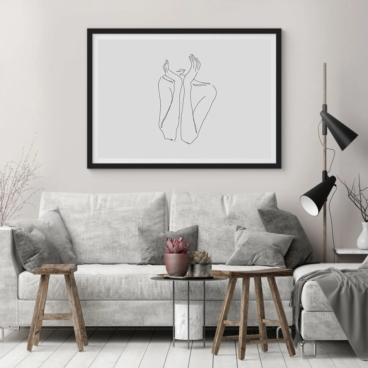 Poster in einem schwarzem Rahmen - Minimalistische Strichzeichnung von Gesicht und Händen - 70x50cm - Wovon Mädchen träumen - Moderne Wanddekoration für Wohnzimmer und Schlafzimmer ARTTOR