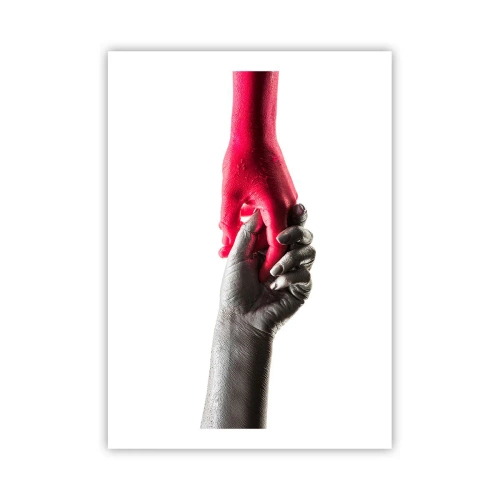 Poster - Symbolische Hände in Rot und Silber auf weißem Hintergrund - 50x70cm - Gemeinsam, obwohl anders - Moderne Wanddekoration für Wohnzimmer und Schlafzimmer ARTTOR