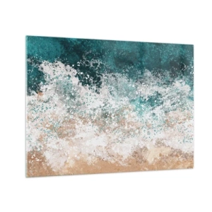 Glasbild - Bild auf glas - Abstrakte Meereswelle in Türkis-, Weiß- und Sandbeigetönen - 70x50cm - Meeresgeschichten - Moderne Wanddekoration für Wohnzimmer und Schlafzimmer ARTTOR