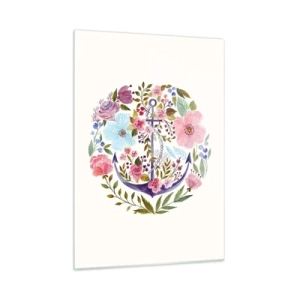 Glasbild - Bild auf glas - Ein Anker, umgeben von bunten Aquarellblumen - 50x70cm - Guter Traum eines Seemanns - Moderne Wanddekoration für Wohnzimmer und Schlafzimmer ARTTOR