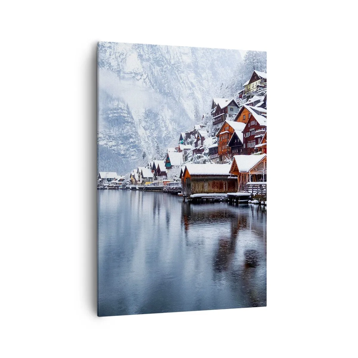 Bild auf Leinwand - Leinwandbild - Winteransicht eines Bergdorfes am See - 70x100cm - In winterlicher Dekoration - Moderne Wanddekoration für Wohnzimmer und Schlafzimmer ARTTOR