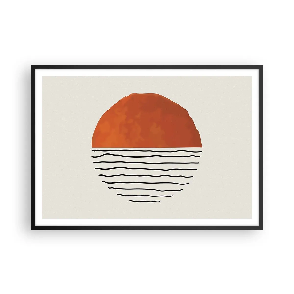Poster in einem schwarzem Rahmen - Ein minimalistischer Sonnenuntergang über wellenartigen Linien - 100x70cm - Im japanischen Klima - Moderne Wanddekoration für Wohnzimmer und Schlafzimmer ARTTOR