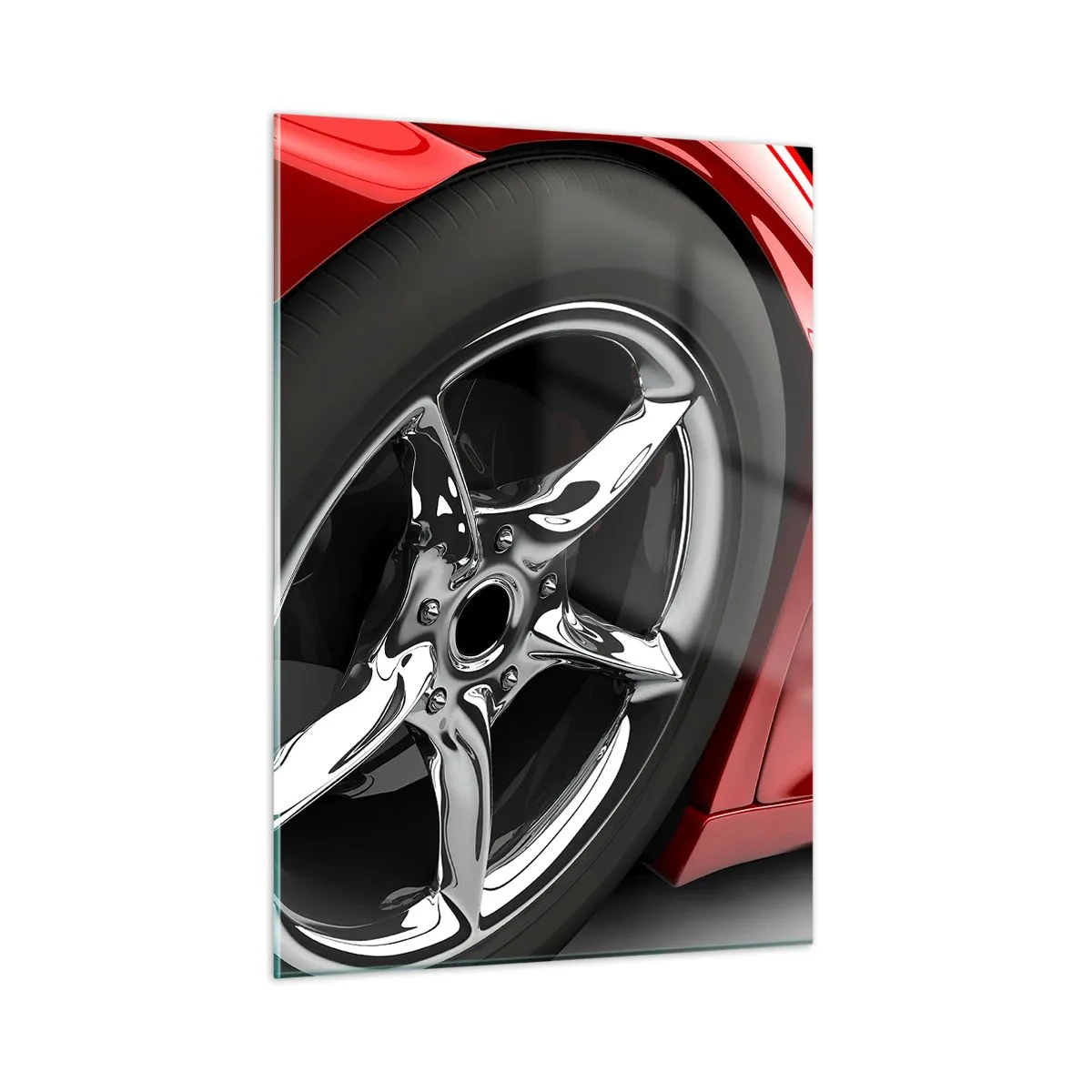 Glasbild - Bild auf glas - Detail eines roten Sportwagens mit Chromfelge - 50x70cm - Für Schnelligkeit gebaut - Moderne Wanddekoration für Wohnzimmer und Schlafzimmer ARTTOR